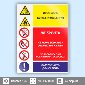 Знак «Взрывопожароопасно - не курить, не пользоваться открытым огнем, не пользоваться мобильным телефоном, выключить двигатель», КЗ-11 (пластик, 400х600 мм)